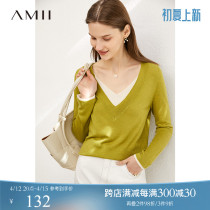 Amii fake two v collar sweater lady 2022 spring dress new stitch sweatshirt gentle wind blouse design feel undershirt