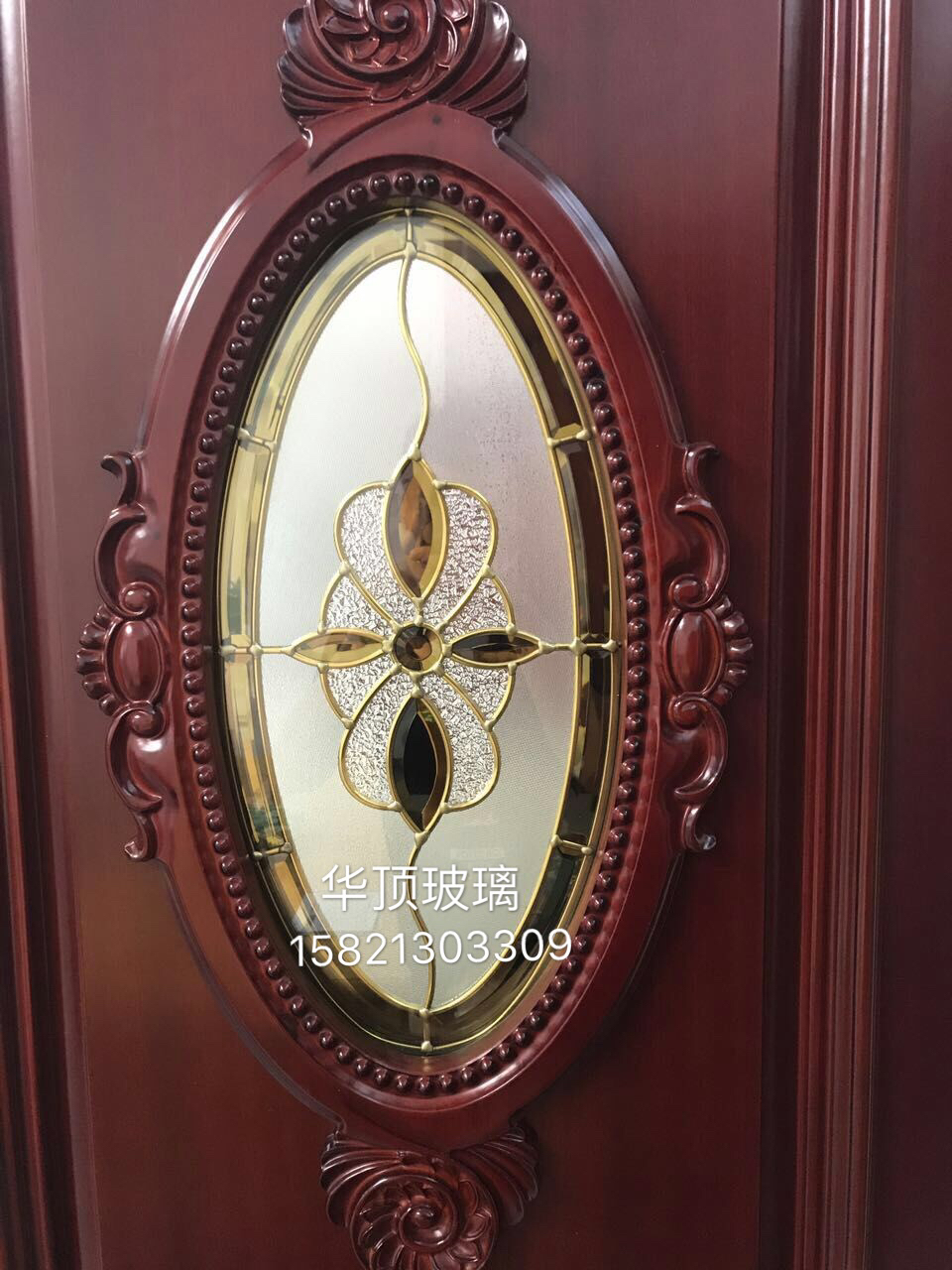 Huading factory shop oval hollow copper strip inlaid with glass wooden door core glass art glass