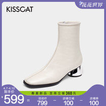 Kissing cat winter new commuter fashion boots Flannel Morden Cream Boots Calf Leather Skinny Boots Short Boots