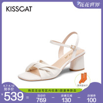 Kissing cat 2022 Summer new retro goat leather fairy wind with square head coarse heels with fashion high heel sandals