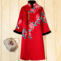 Cotton cheongsam winter cotton Chinese style embroidery long thickened 2021 Winter new Chinese-style button cotton-padded jacket