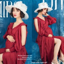Fan-style V collar red dress sexy retro design gestational maternity dress Pregnant Woman Art Photo Photography