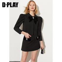 DPLAY (Black Label) Spring 2022 New Hepburn Wind Black Booking Diamond Velvet Bow Short Coat