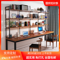 Wrought iron wood desk bookshelf combination study home desktop computer desk stand integrated double desk writing desk