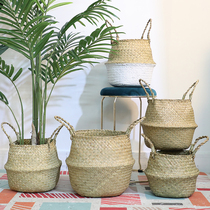 ins Wind straw woven flower pot flower blue woven basket Nordic style grass basket decorative flower basket grass basket ornament