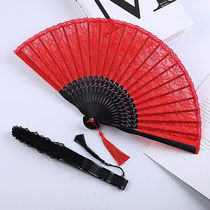 Lace fan folding fan Chinese classical wind female Ju Jingyi with the same red black folding dance fan square dance