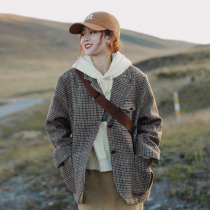 Flower Ji A985 Brown thousand bird grid English style retro plaid cotton wool jacket women 2021 new autumn and winter