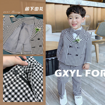 Boy Suit 2021 New Spring and Autumn British Childrens Dress Thousand Birds Handsome Handsome Baby Small Suit Flower Boy