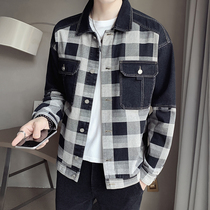 SEABASS Plaid denim coat mens autumn tooling lapel Korean fashion casual handsome jacket on clothes