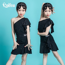 Lolita new spring and summer childrens sequin one shoulder Latin dance practice suit performance suit Childrens training performance suit