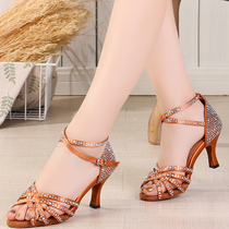 Professional Latin dance shoes adult ballroom dance ladies with diamonds in the high heel dance shoes soft bottom square dance dance shoes summer