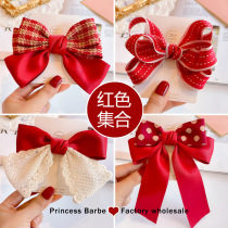 Children's Hair Accessories Girl's Bow New Year's Red Half Cloth Hairpin Little Girl's Ribbon Headdress Hairpin