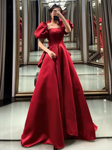 Red Satin Evening Dress 2021 French Bubble Sleeve Two Wear Back Party Bride Wedding Toast Annual Dress