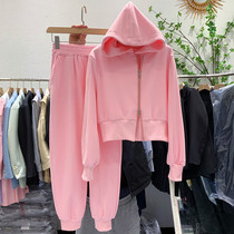 Gray hooded sportswear two-piece female 2021 Spring Autumn New loose zipper sweater pants casual set