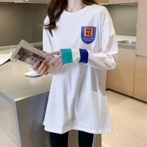 Maternity long-sleeved t-shirt womens 2021 spring new threaded sleeve medium long loose cotton maternity top foreign style