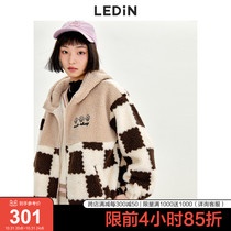 乐町格子拼接加绒仿羊羔毛厚外套秋冬新款甜美毛毛女装宽松小个子