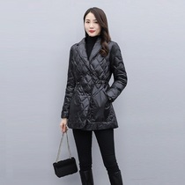 Small black light down jacket womens long 2021 Winter new waist slim size white duck jacket