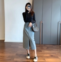 THEWOW poison home W Series super beautiful sea salt gray blue foreign gas Joker does not show Hip A word slit denim skirt autumn