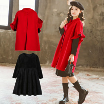 Girls woolen dress two-piece set Western autumn and winter Christmas and New year clothes childrens thick red velvet dress