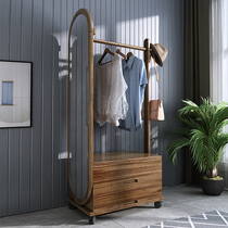  Walnut solid wood coat rack with mirror hanger Full-length mirror integrated floor-to-ceiling bedroom household multi-function hanger