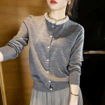  Thin neckline nail diamond Merino wool sweater womens gray round neck long sleeve knitted cardigan small jacket