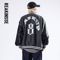 2021 spring new national tide American puleather splicing sleeve neutral embroidered reflective baseball jacket jacket men