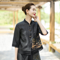 (Painting Qing Yan) Chinese embroidered turtle silk fragrant cloud yarn top female seven-point sleeve short cardigan small outside