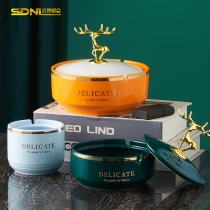 Light luxury Nordic ceramic ashtray anti-fly ash smoke-proof creative with lid household living room coffee table high-end ashtray