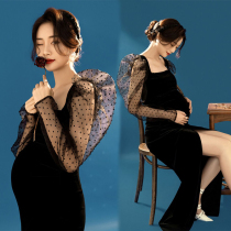 Pregnant women photography clothing new retro black velvet dress photo studio shooting big belly photo costume