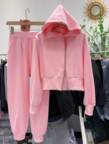 Korean pink hooded sportswear two-piece female 2021 Spring and Autumn New loose zipper sweatsuit