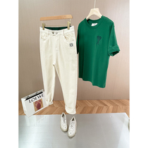 Town shop bull pants Four Seasons high quality small feet jeans Joker beige white slim straight pants womens size