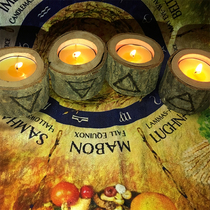 Now]Wooden stake candle candlestick Hand-branded painting ground water wind fire element ritual candlestick cup candle holder