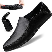 Spring new mens back force casual leather shoes mens soft bottom Korean version 100 hitch a foot pedal bean-bean shoe mens real leather midlife
