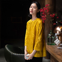 Silk jacquard satin new Chinese style original round neck shirt womens oblique lapel buckle womens top Zen tea dress womens summer new product