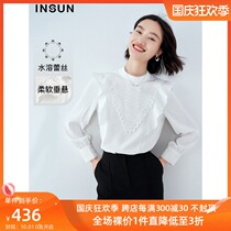 Enshang Coe 2021 New New lotus leaf vintage top collar embroidery lace loose chiffon shirt