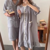 Summer cotton cotton yarn couple pajama suit Bud lace round neck retro simple ins wind can be worn outside