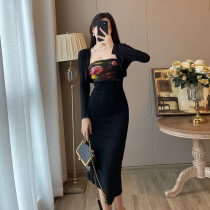 French vintage pure desire rose design sense black bandeau dress womens autumn temperament long skirt two-piece set