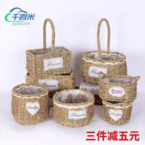 European creative straw flower pot blue woven basket Nordic style straw basket decorative flower basket woven straw basket ornaments