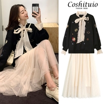 Pregnant women autumn suit set fashion 2021 new dress embroidery sweater net vest vest dress size two-piece set