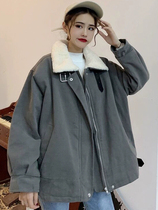 Hong Kong style lamb wool coat female winter bombing Street Harajuku students bf loose plus velvet padded tooling cotton coat tide