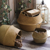 Seagrass woven folding storage basket flower basket rattan portable flower pot living room decoration storage basket ins Nordic style