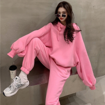 Sports suit female ins tide bombing street Net red two-piece set of fat mm temperament thin plus velvet thick sweater