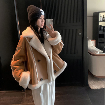 Leather merino lamb fur one-piece coat womens short locomotive casual loose slim young fur