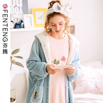  Fenteng coral velvet nightgown womens autumn and winter thickened warm and cute flannel home clothes long hooded nightgown bathrobe