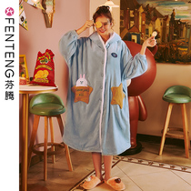  Fenteng autumn and winter coral velvet nightgown female brown bear long flannel pajamas can be worn outside home clothes nightgown