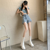 High waist denim shorts womens summer 2021 new thin net red hyuna a word loose hole outside wearing hot pants tide ins