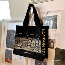 ANDCICI ◆ English afternoon tea ~ London canvas bag black shoulder bag male and female student schoolbag big shopping bag