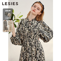 Blue Love 2021 autumn and winter New Lantern sleeve chiffon floral dress women long sleeve waist slim skirt