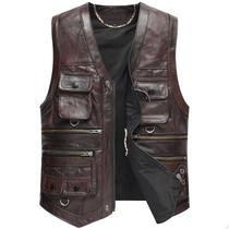 Middle-aged and elderly pure cowhide leather vest mens multi-pocket retro fattening photography horse clip multifunctional shoulder