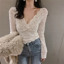 Spring and summer new sexy mesh v-neck jacket high-grade foreign small shirt 2021 New lace base shirt Women